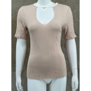 Joah Brown Top Womens Small Medium Tan Ribbed Cutout V-Neck Stretch Casual USA